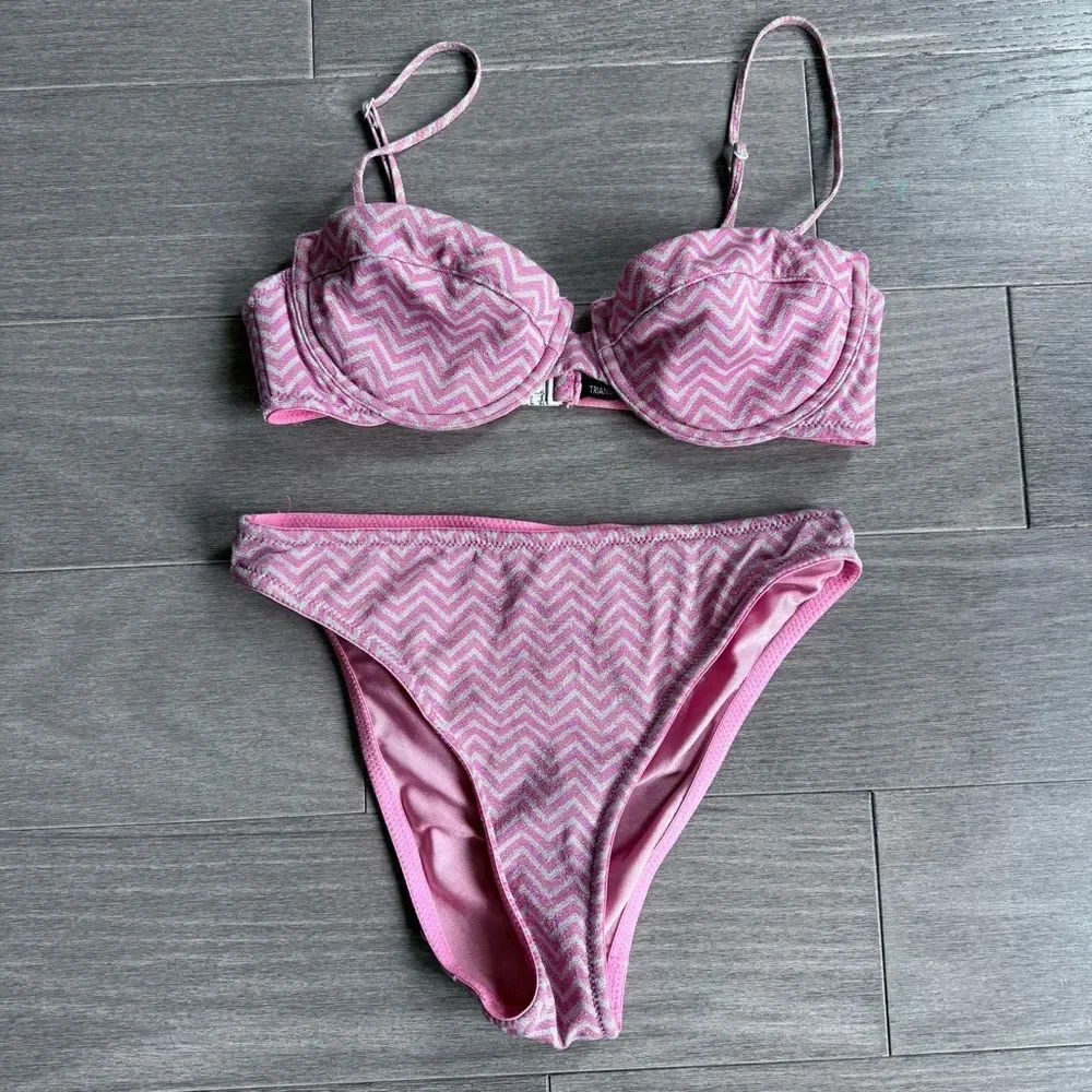 TRIANGL Rhian Mirage Bikini Set Pink Chevron Sparkle | Top S Bottom XS Beach